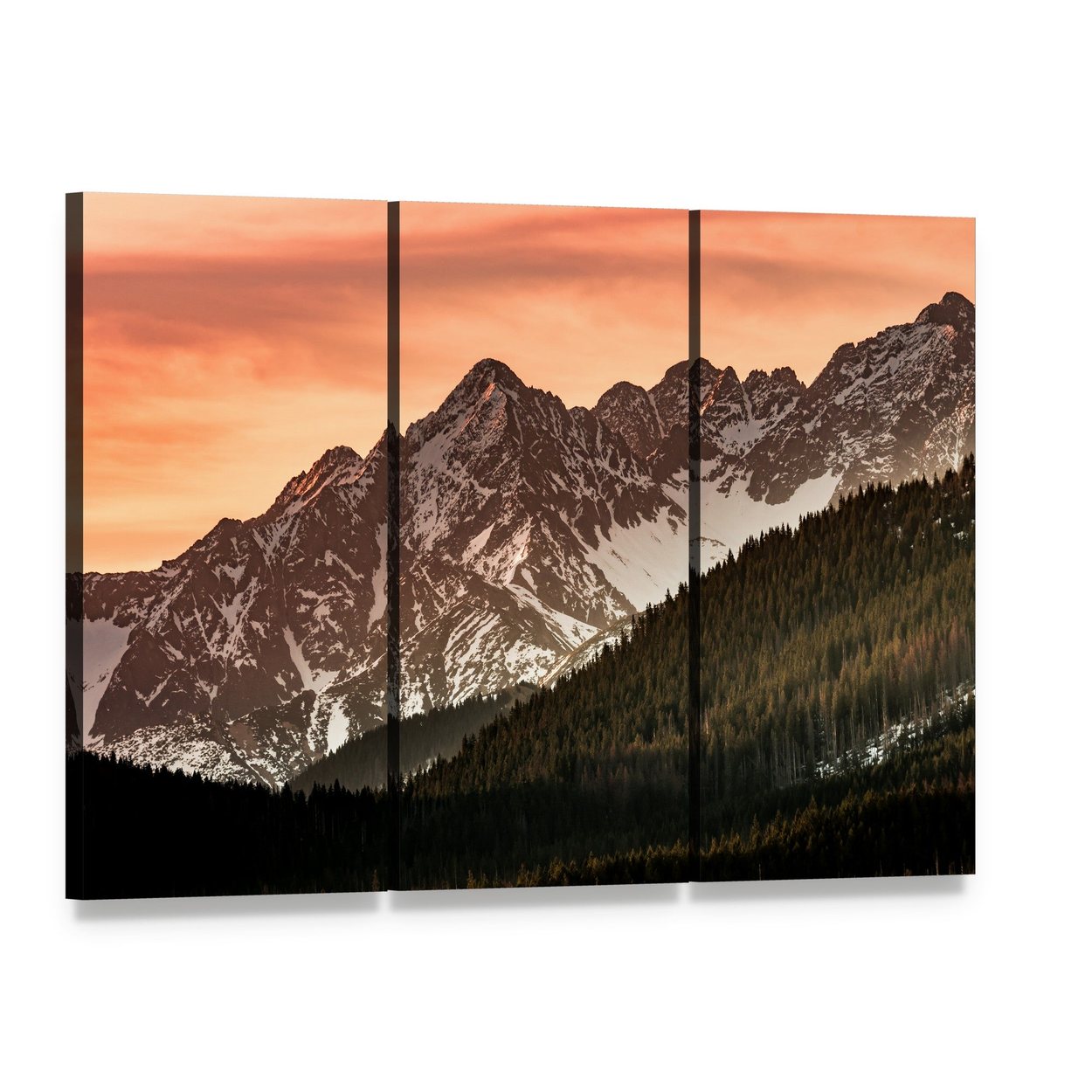 Tatra Mountains Sunset Over Pine Forest Canvas Wall Art, 3 panel 3 Horizontal layout gallery wrapped canvas set, angled product view