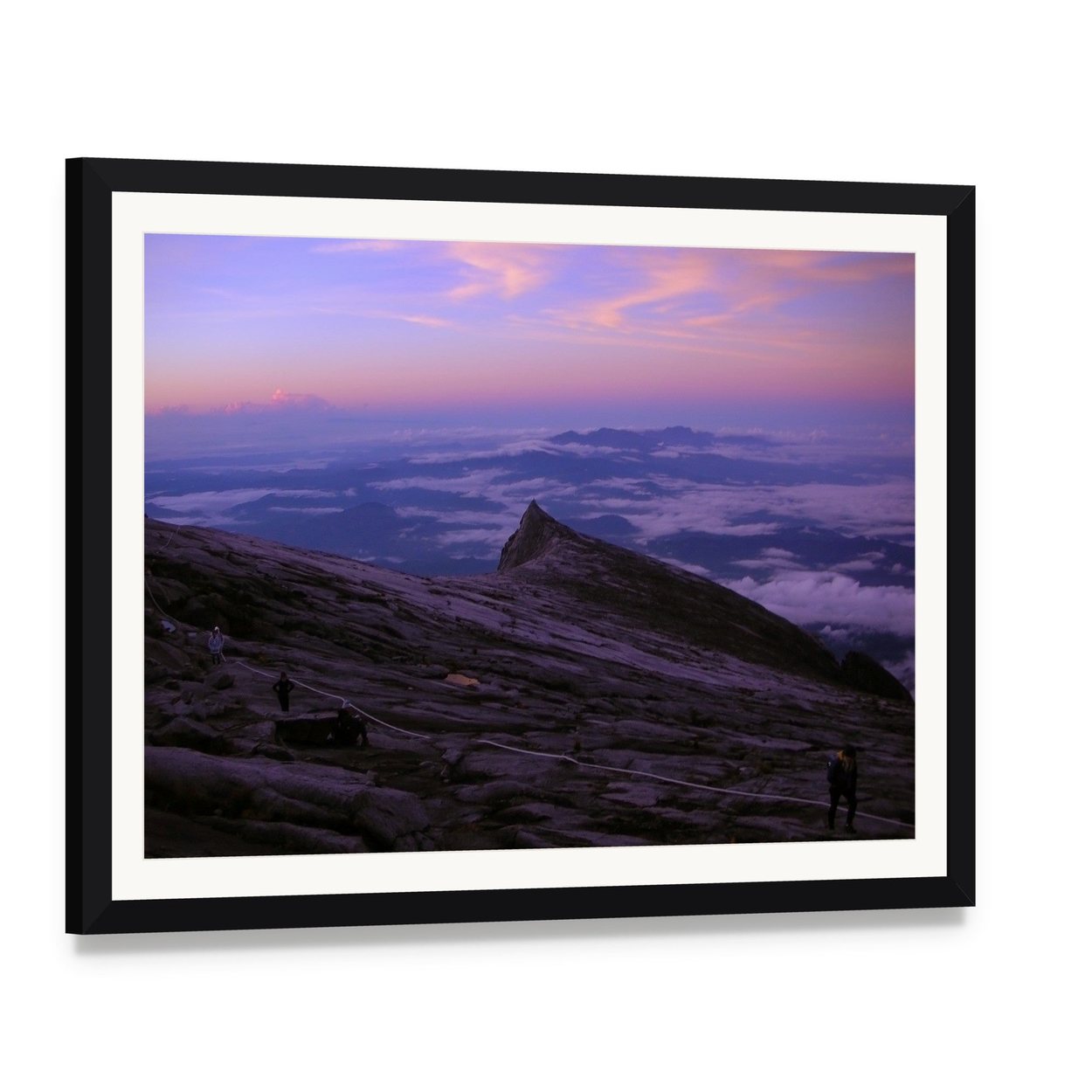 Mount Kinabalu at Dawn Canvas Wall Art, framed print with white mat and black frame, angled product view