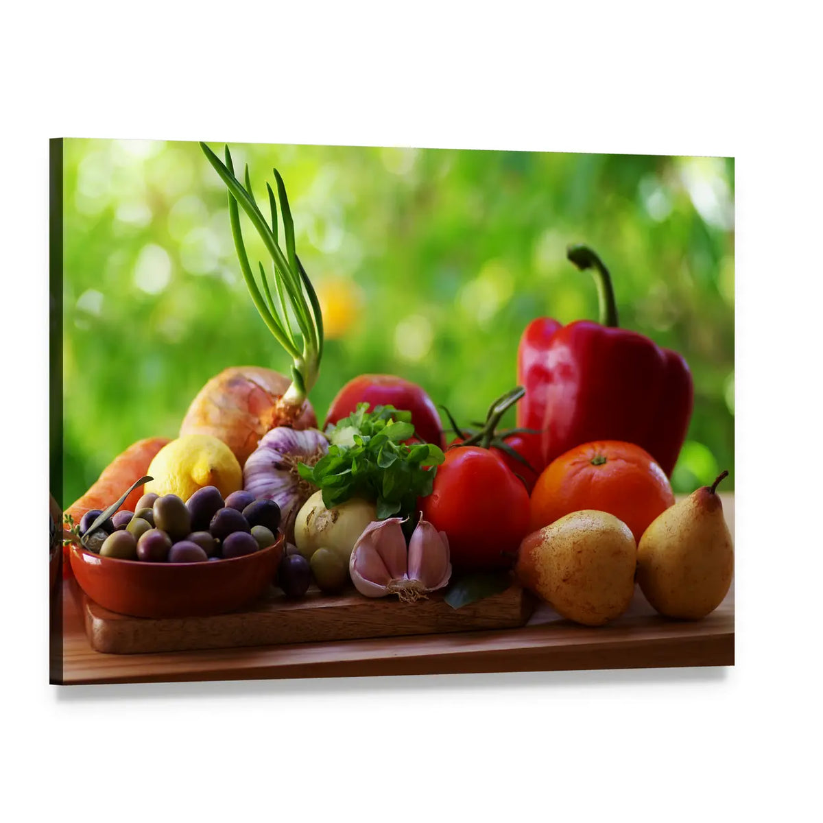 Bountiful Still Life with Olives and Produce Canvas Wall Art, single panel gallery wrapped canvas, angled product view