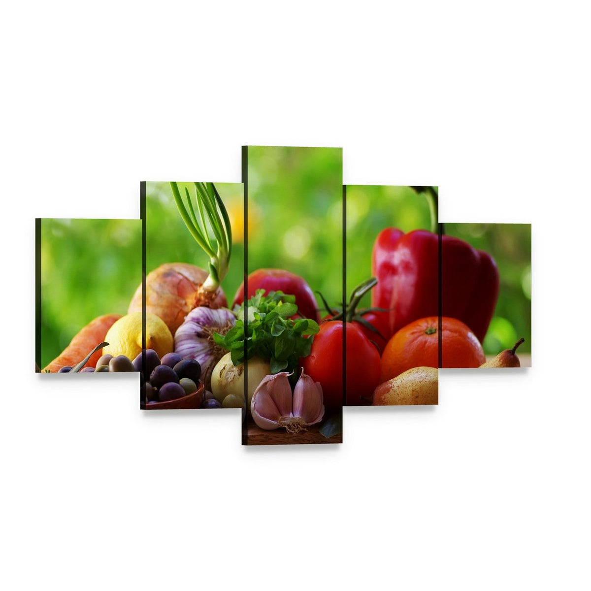 Fruits and Vegetables Still Life Canvas Wall Art, 5 panel 5 Star layout gallery wrapped canvas set, angled product view