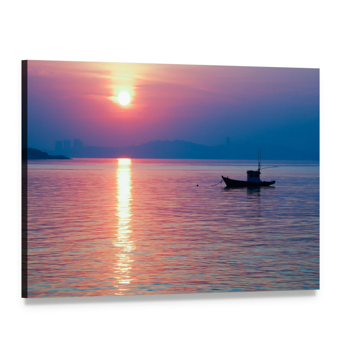 Boat at Sunset with City Skyline Canvas Wall Art, single panel gallery wrapped canvas, angled product view
