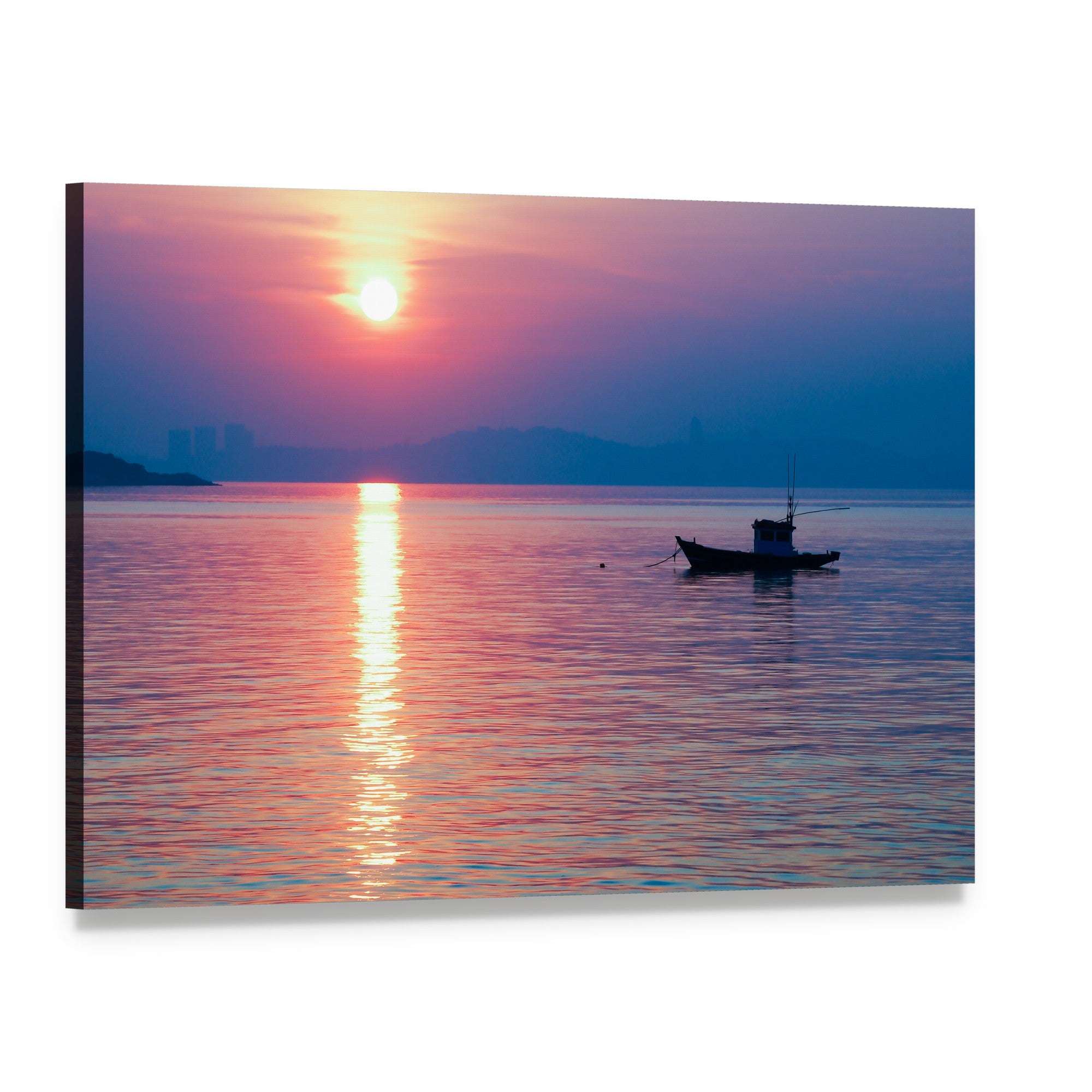 Boat at Sunset with City Skyline Canvas Wall Art, single panel gallery wrapped canvas, angled product view