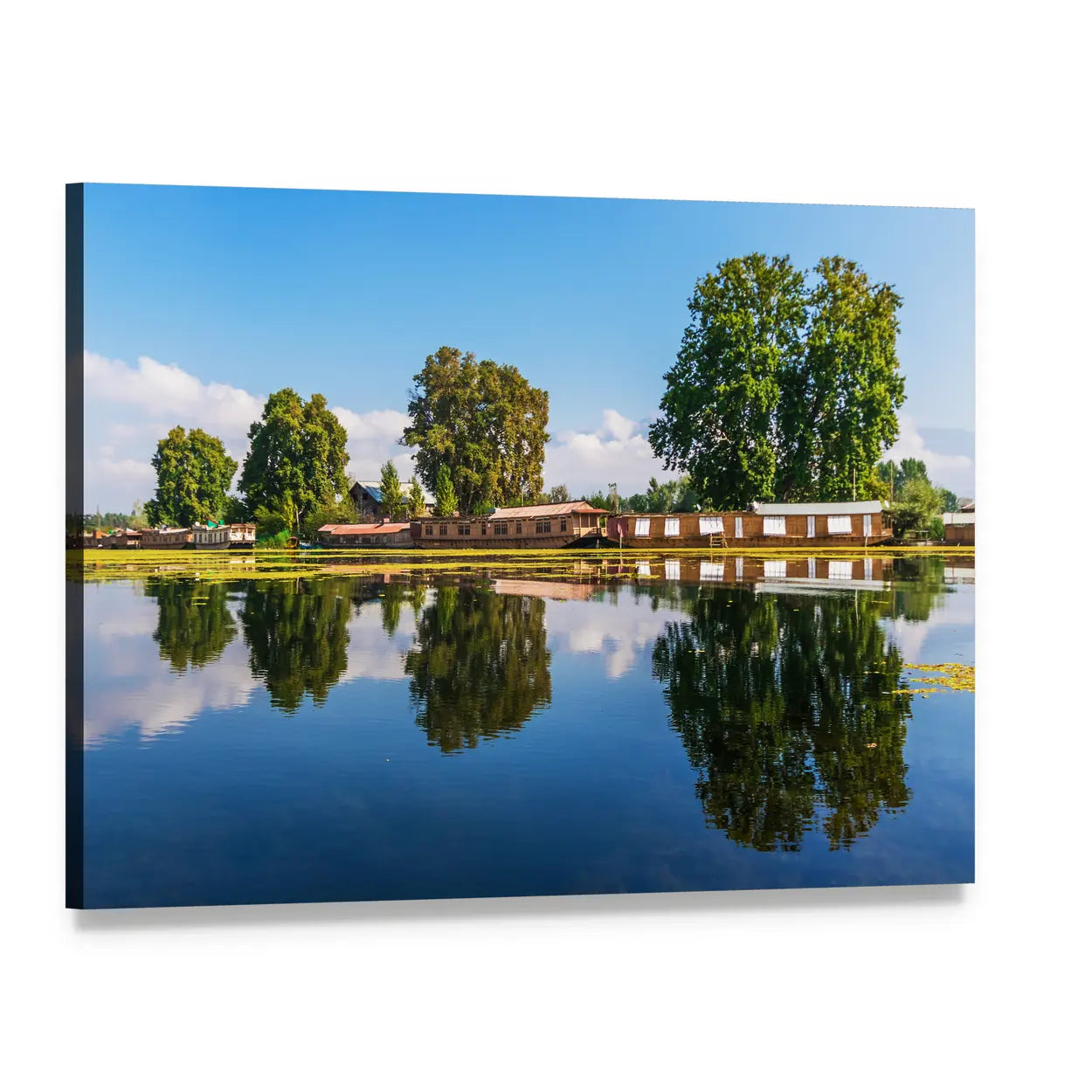 Houseboats on Reflective Lake Canvas Wall Art, single panel gallery wrapped canvas, angled product view