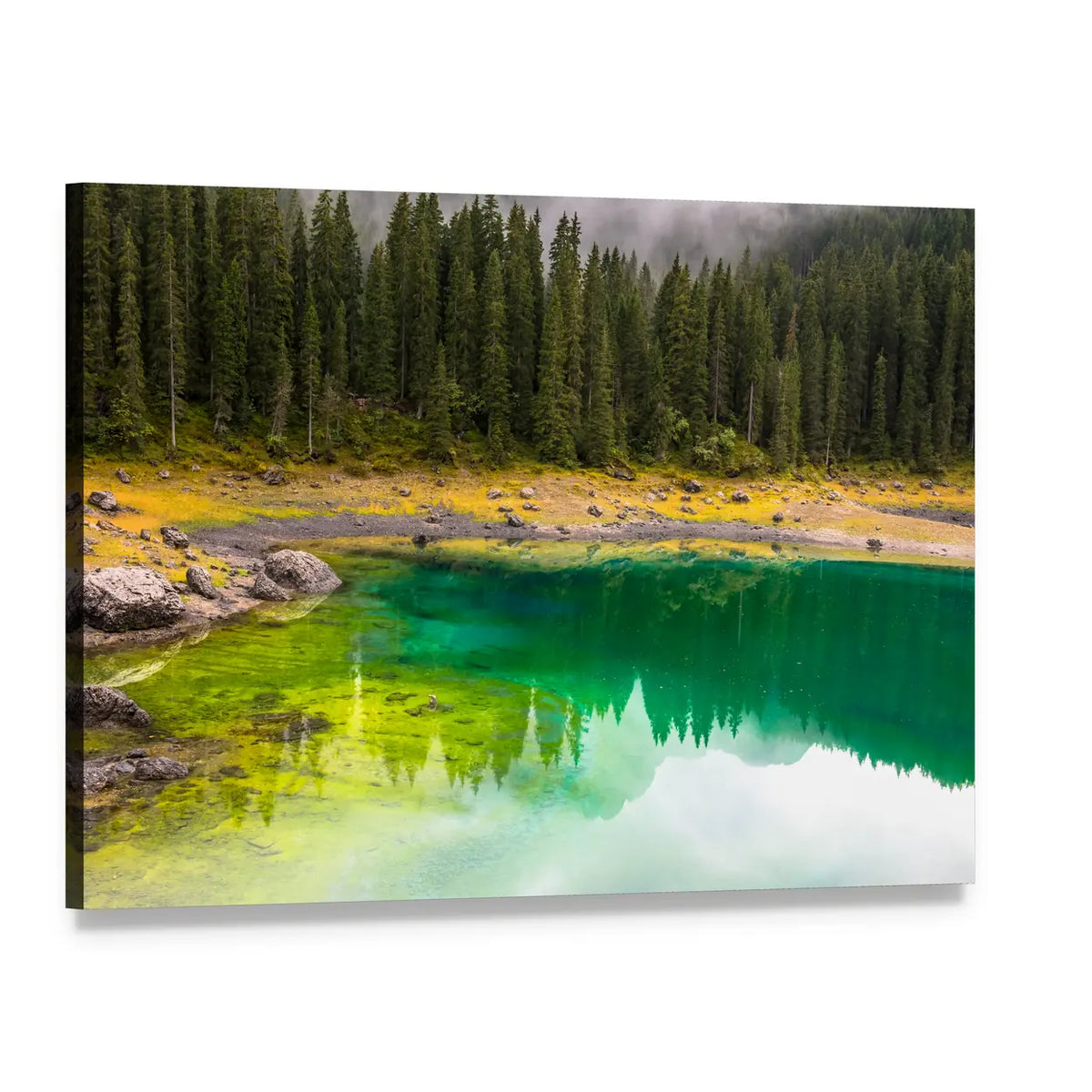 Carezza Lake Reflections Canvas Wall Art, single panel gallery wrapped canvas, angled product view