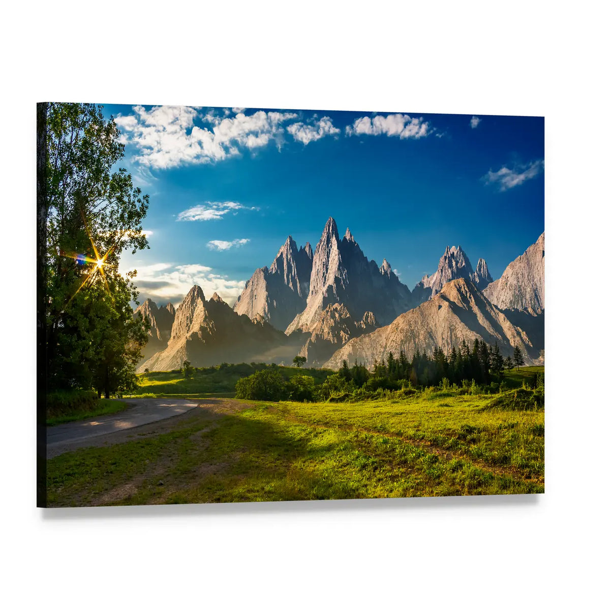 Rocky Peaks at Sunset Canvas Wall Art, single panel gallery wrapped canvas, angled product view