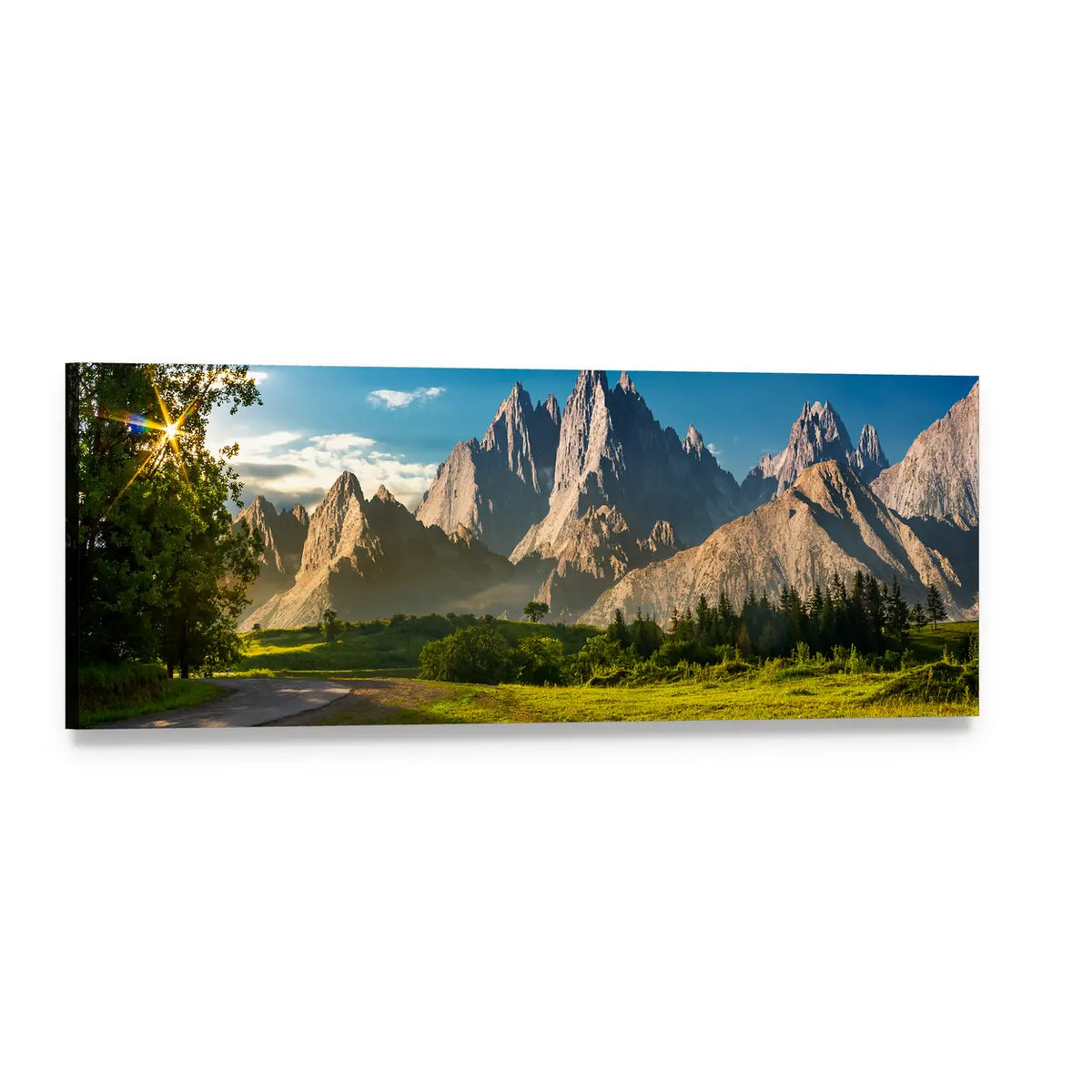 Rocky Peaks at Sunset Panoramic Canvas Wall Art, single panel gallery wrapped canvas, angled product view
