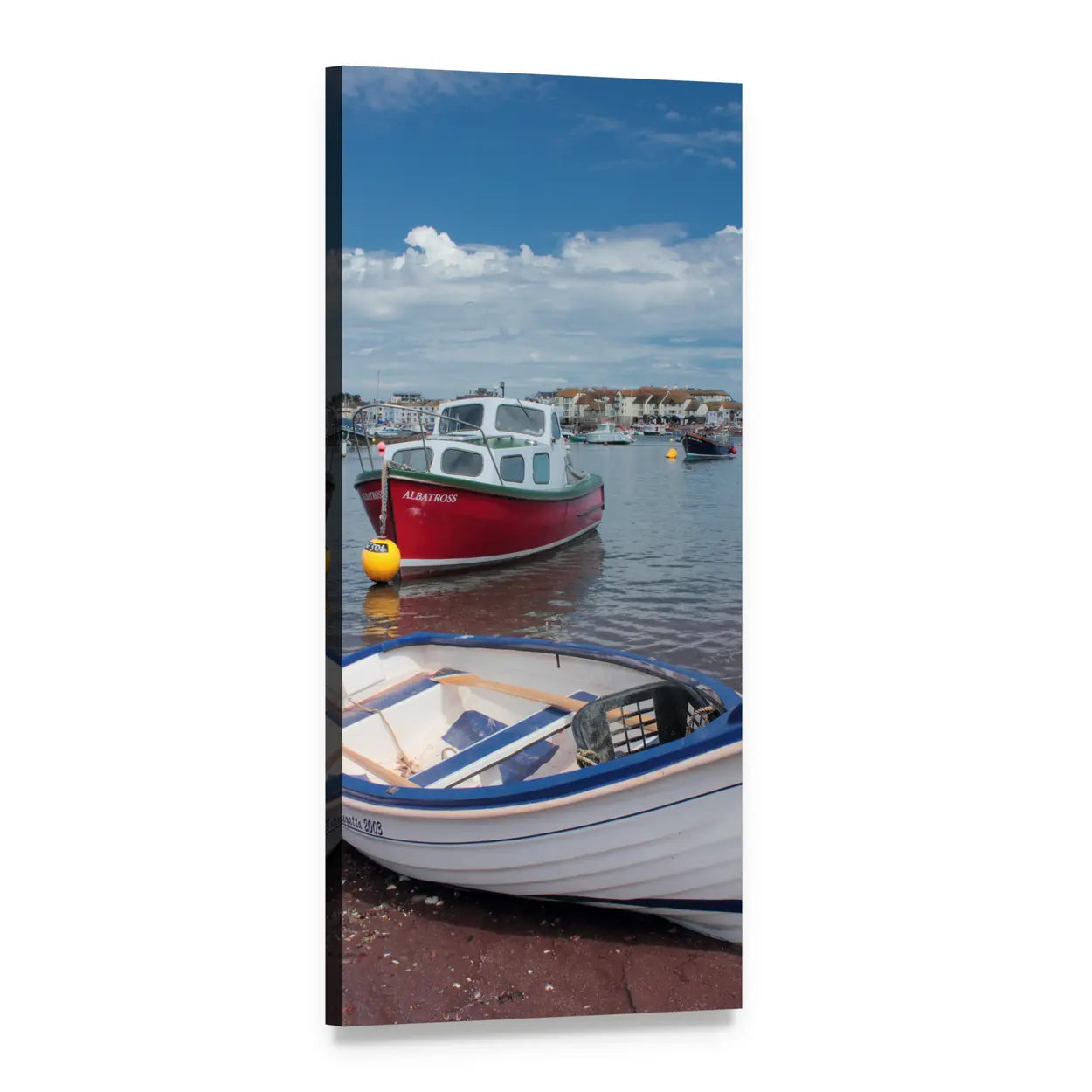 Albatross Red Fishing Boat in Sunny Harbor Vertical Canvas Wall Art, 1 panel 1 Vertical layout gallery wrapped canvas set, angled product view