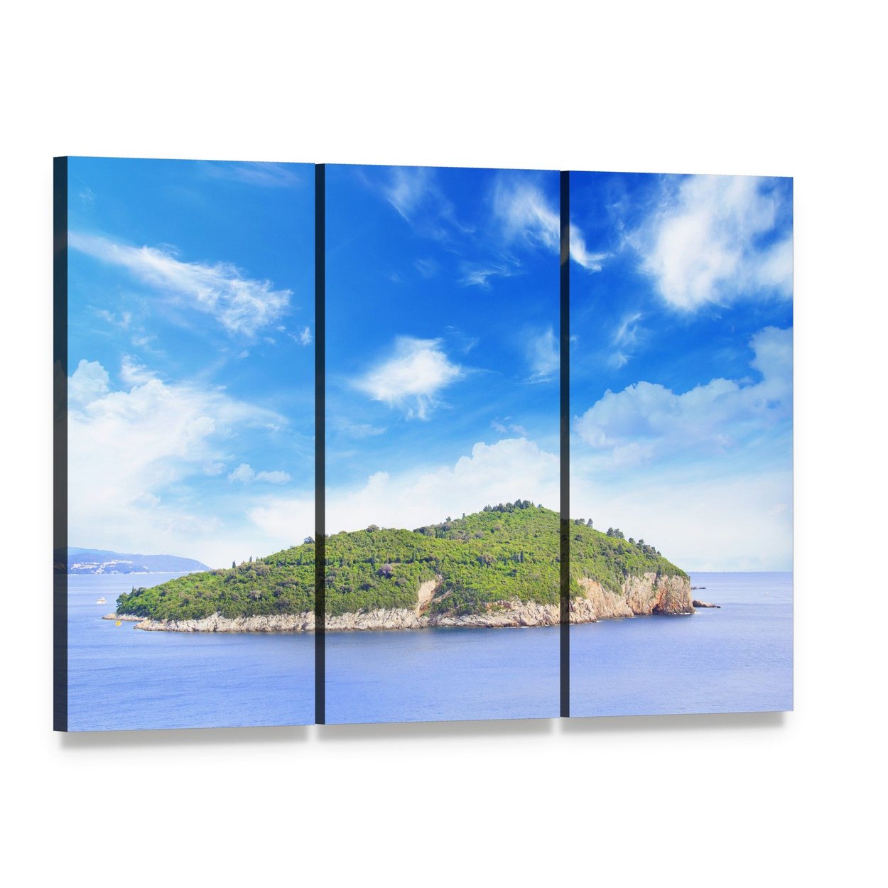 Dubrovnik Coastal Island View Canvas Wall Art, 3 panel 3 Horizontal layout gallery wrapped canvas set, angled product view