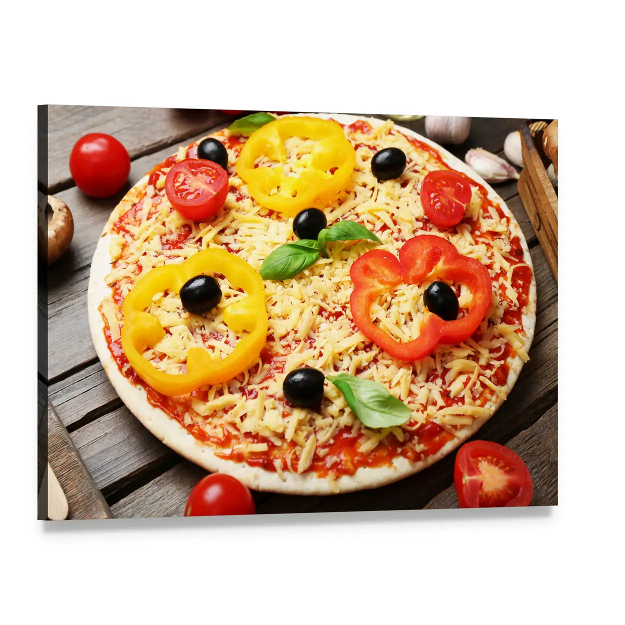 Pizza Ingredients on Wooden Table Canvas Wall Art, single panel gallery wrapped canvas, angled product view