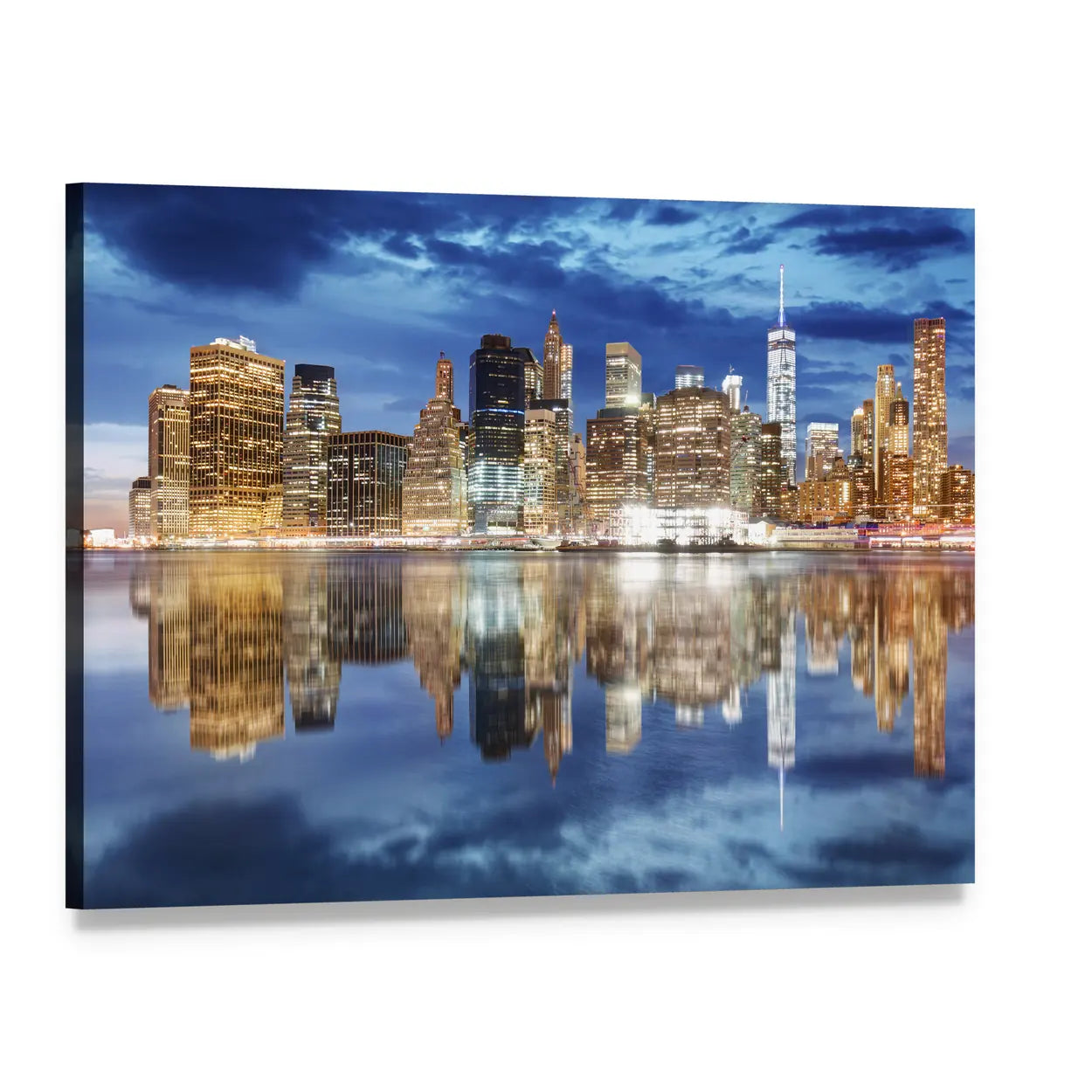 Manhattan Skyline Night Reflection Canvas Wall Art, single panel gallery wrapped canvas, angled product view