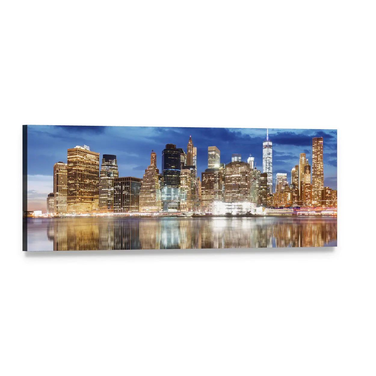 Manhattan Skyline at Twilight Panoramic Canvas Wall Art, single panel gallery wrapped canvas, angled product view