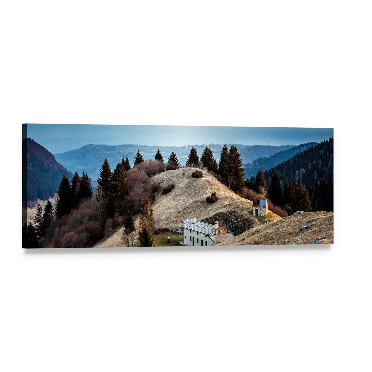Dolomite Peaks with Stone Cottages Panoramic Canvas Wall Art, single panel gallery wrapped canvas, angled product view