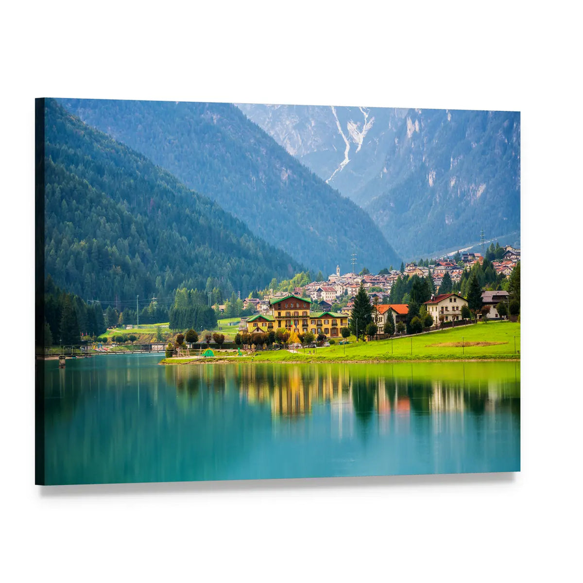 Village Near Lake Auronzo Canvas Wall Art, single panel gallery wrapped canvas, angled product view