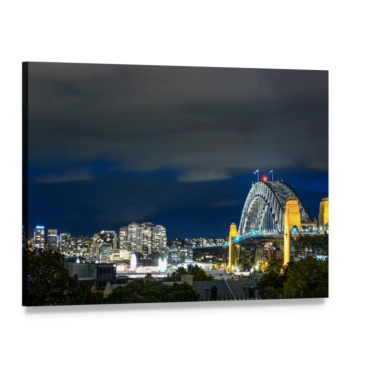 Sydney Harbour Bridge at Night Canvas Wall Art, single panel gallery wrapped canvas, angled product view