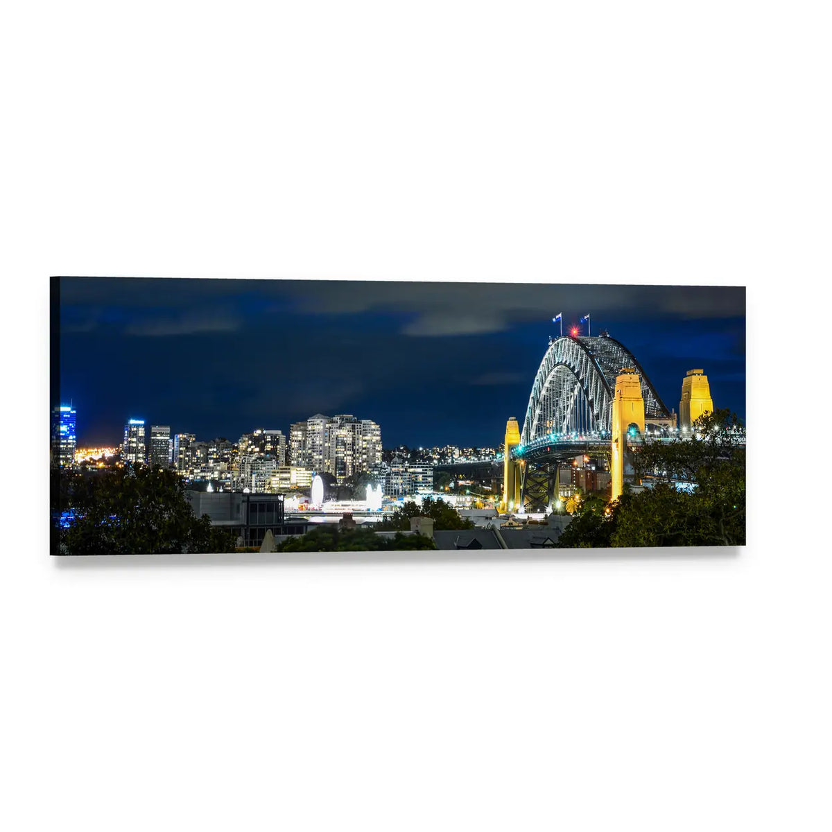 Sydney Harbour Bridge Night Skyline Panoramic Canvas Wall Art, single panel gallery wrapped canvas, angled product view