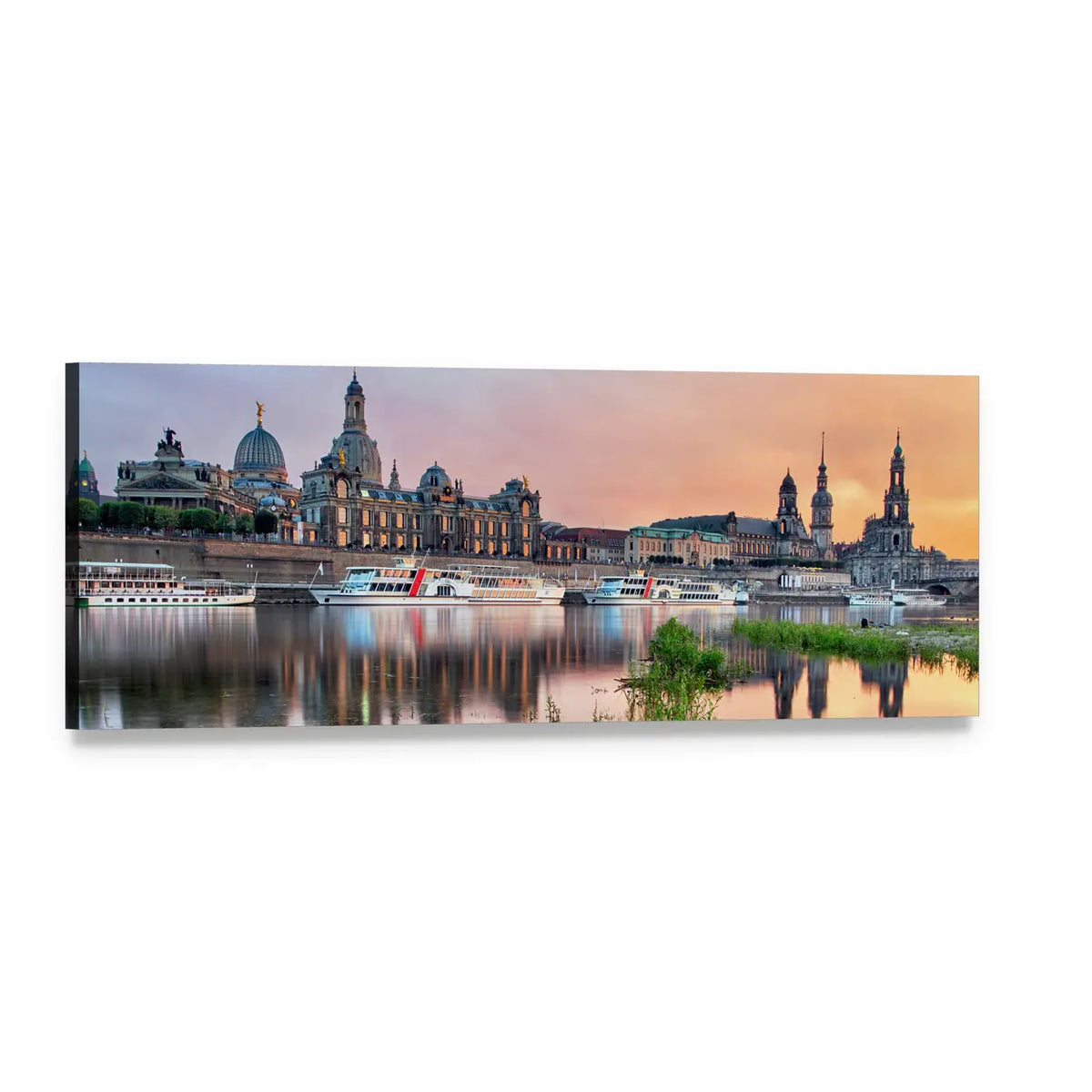 Elbe River Dresden Sunset Reflections Panoramic Canvas Wall Art, single panel gallery wrapped canvas, angled product view