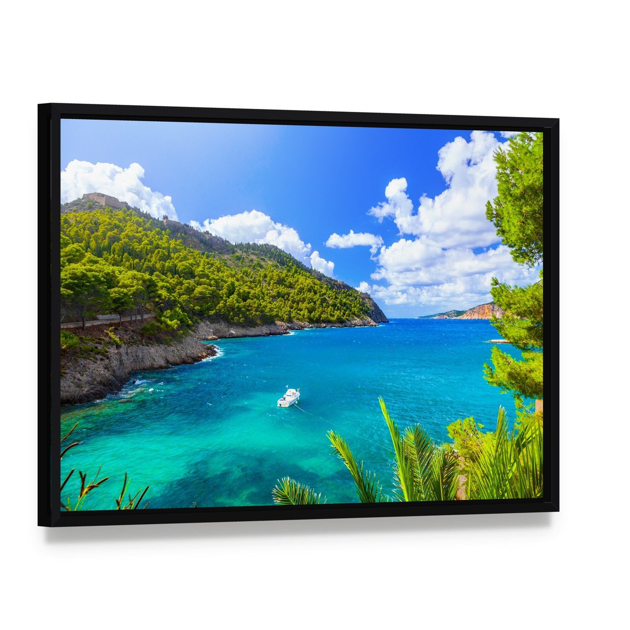 Kefalonia Sea Landscape Canvas Wall Art, framed canvas in a black floater frame, angled product view