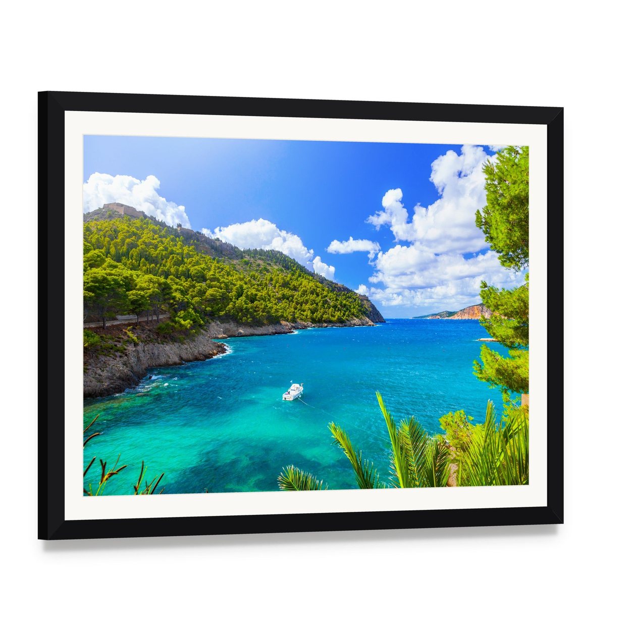 Kefalonia Sea Landscape Canvas Wall Art, framed print with white mat and black frame, angled product view