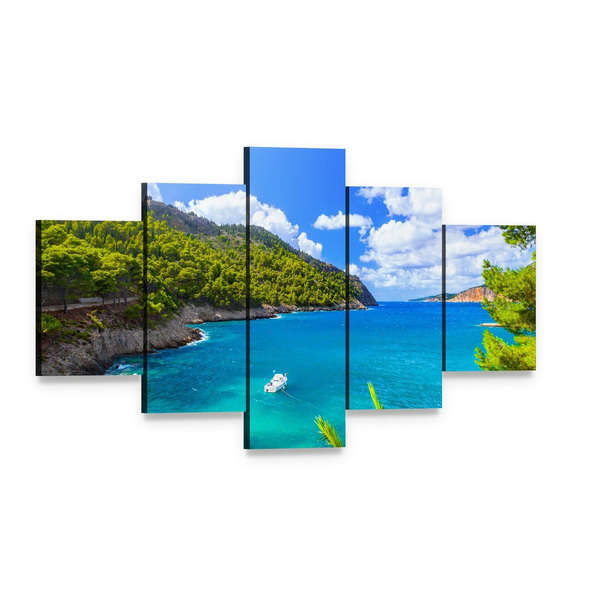 Kefalonia Sea Landscape Canvas Wall Art, 5 panel 5 Star layout gallery wrapped canvas set, angled product view