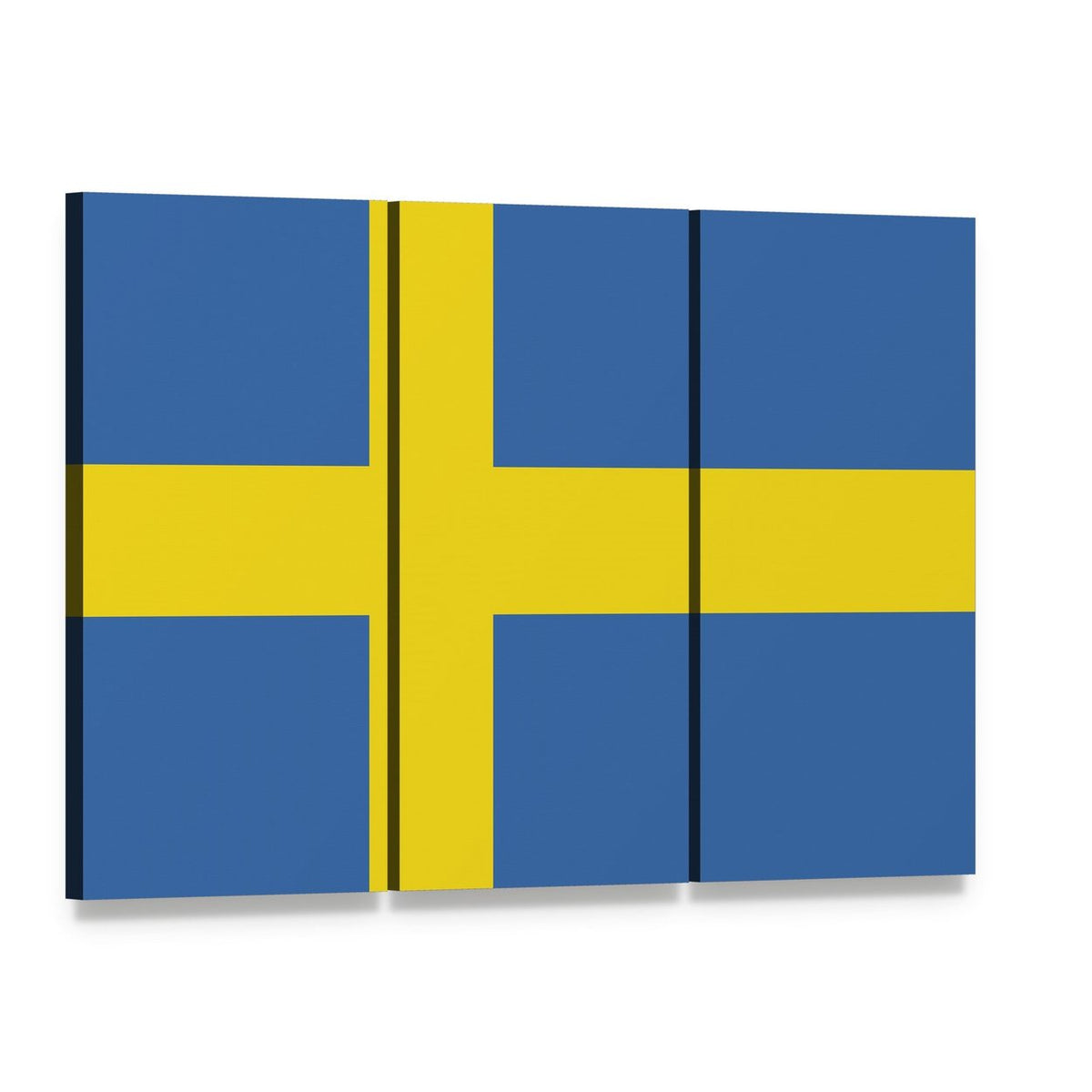 Swedish Flag Geometric Design Canvas Wall Art, 3 panel 3 Horizontal layout gallery wrapped canvas set, angled product view