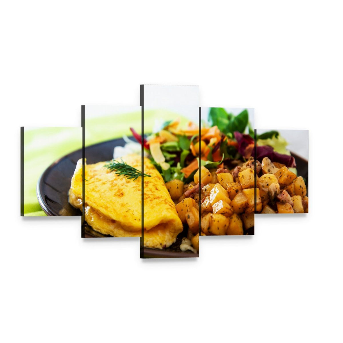 Breakfast Omelette with Potatoes and Salad Canvas Wall Art, 5 panel 5 Star layout gallery wrapped canvas set, angled product view