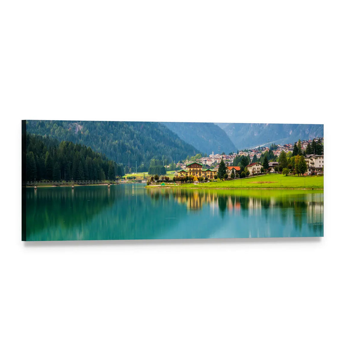 Alpine Lake Village Reflection Panoramic Canvas Wall Art, single panel gallery wrapped canvas, angled product view