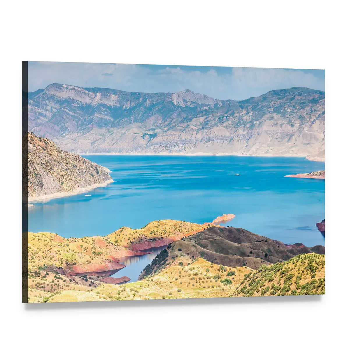 Nurek Reservoir, Turquoise Lake and Mountains Canvas Wall Art, single panel gallery wrapped canvas, angled product view