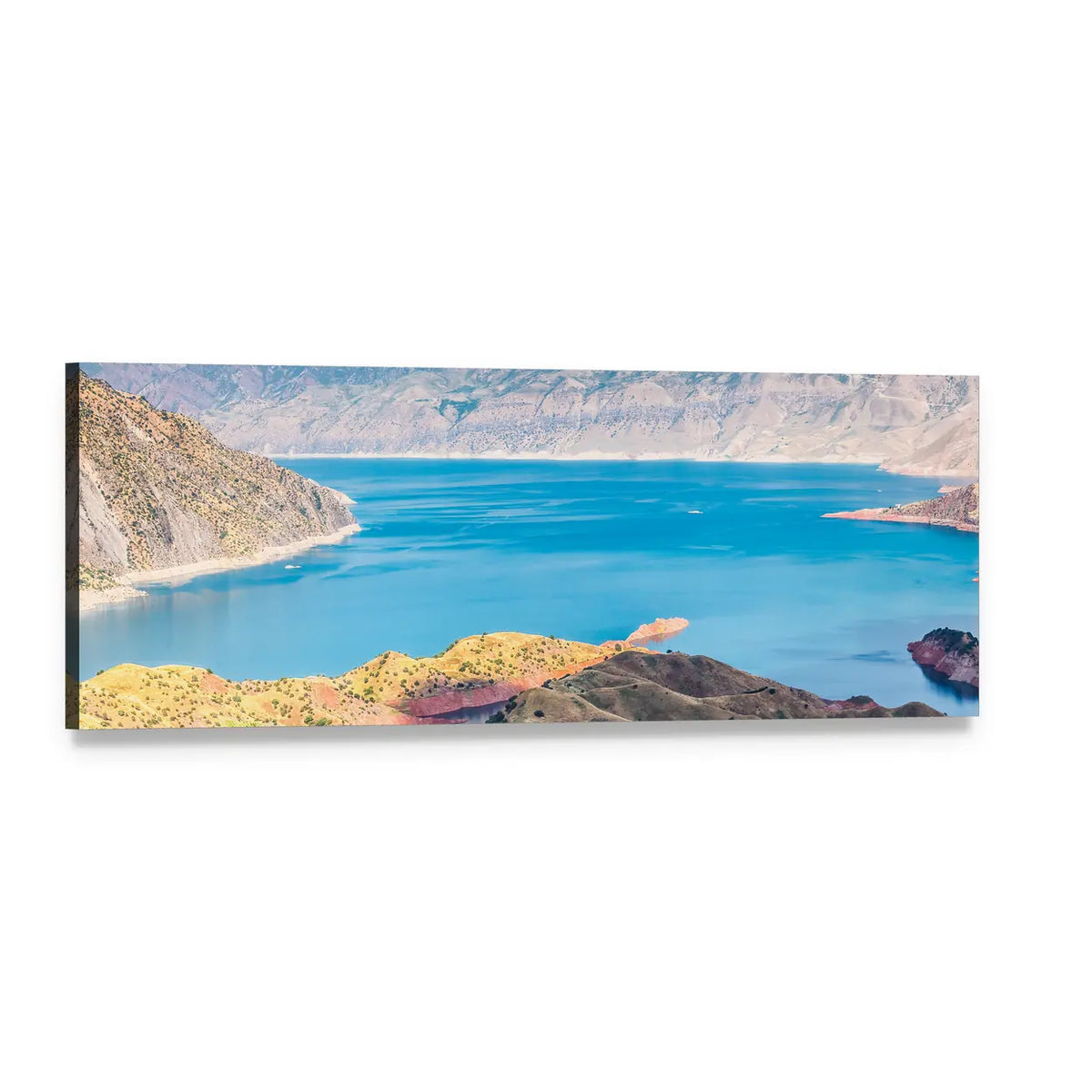 Nurek Reservoir Lake and Mountains Panoramic Canvas Wall Art, single panel gallery wrapped canvas, angled product view