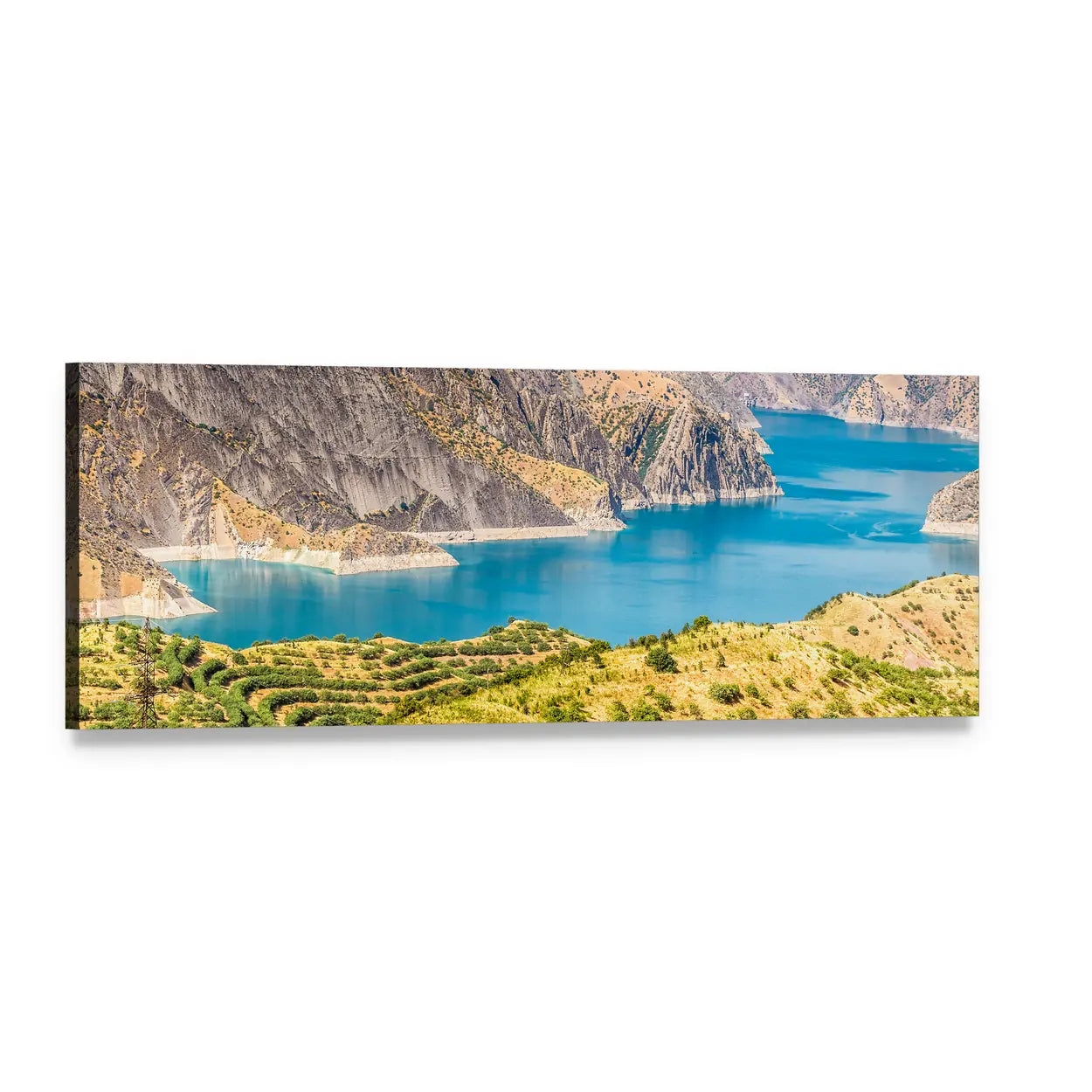 Nurek Reservoir Turquoise Lake, Tajikistan Panoramic Canvas Wall Art, single panel gallery wrapped canvas, angled product view