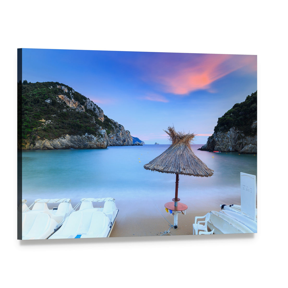 Paleokastritsa Sand Beach at Dusk Canvas Wall Art, single panel gallery wrapped canvas, angled product view