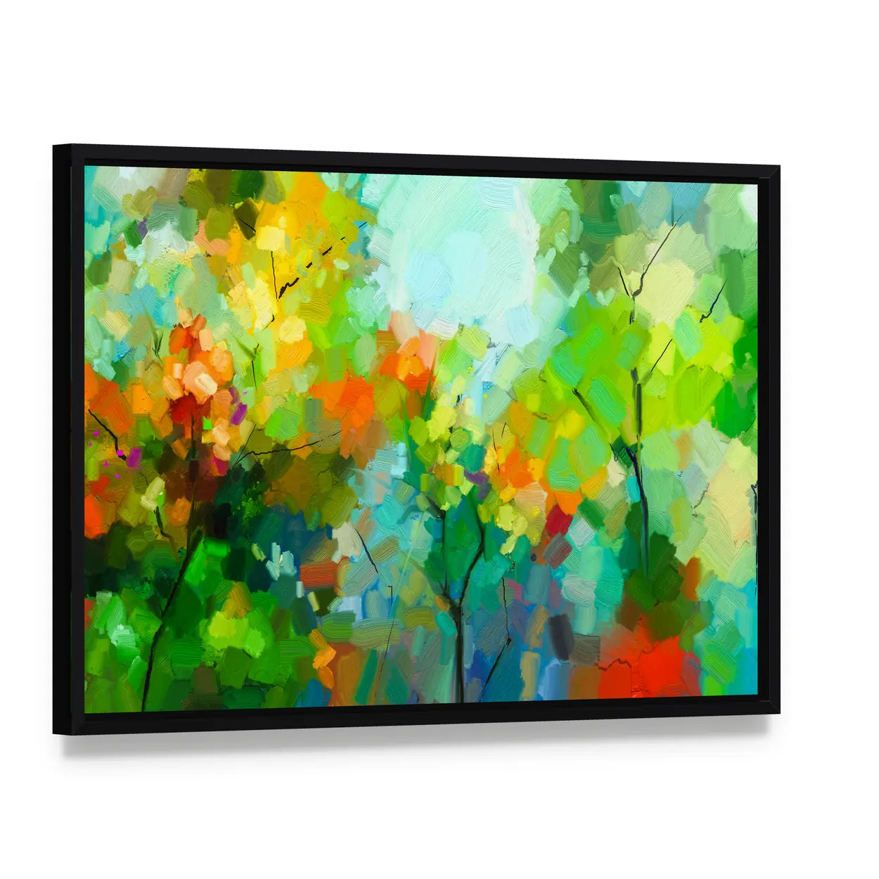 Spring Forest Abstract Canvas Wall Art, framed canvas in a black floater frame, angled product view