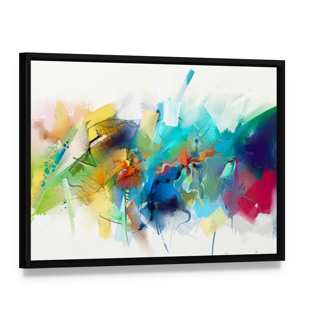 Hand-drawn Abstract Brushstrokes Canvas Wall Art, framed canvas in a black floater frame, angled product view