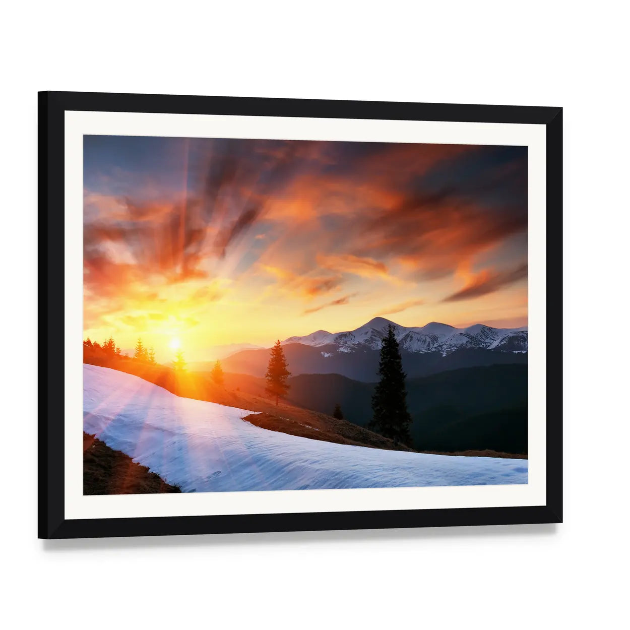 Cloudy Sunset Over Snow-capped Peaks Canvas Wall Art, framed print with white mat and black frame, angled product view
