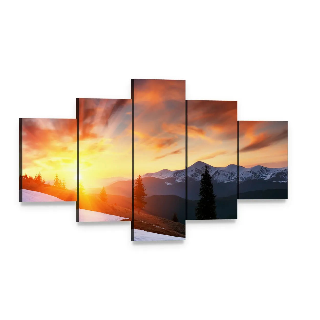 Cloudy Sunset Over Snow-capped Peaks Canvas Wall Art, 5 panel 5 Star layout gallery wrapped canvas set, angled product view
