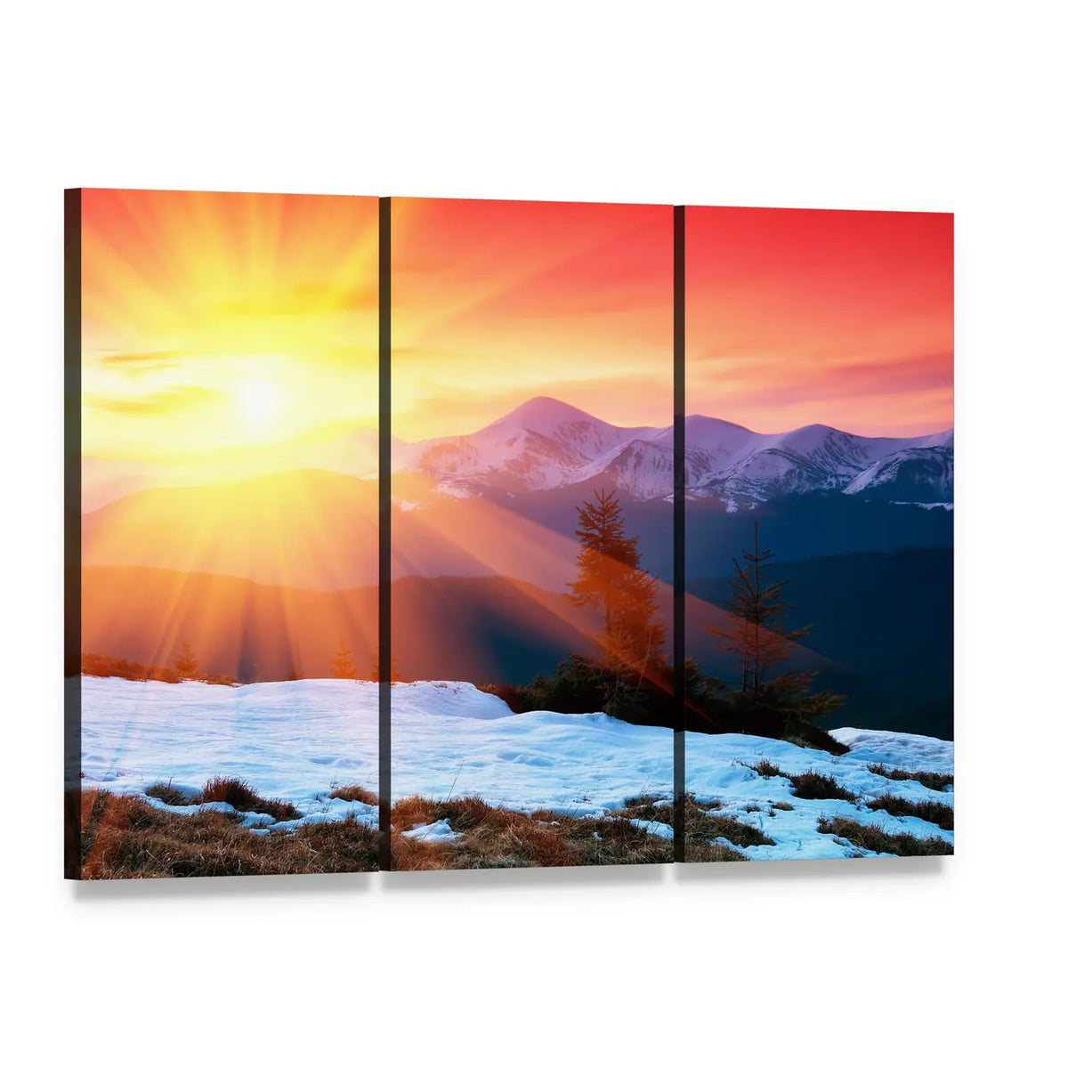 Snowy Mountain Sunset with Cloudy Sky Canvas Wall Art, 3 panel 3 Horizontal layout gallery wrapped canvas set, angled product view