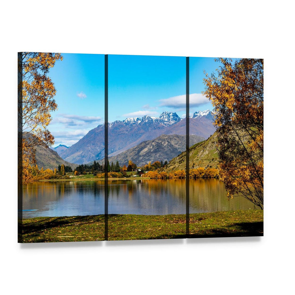 Lake Hayes in Autumn Canvas Wall Art, 3 panel 3 Horizontal layout gallery wrapped canvas set, angled product view