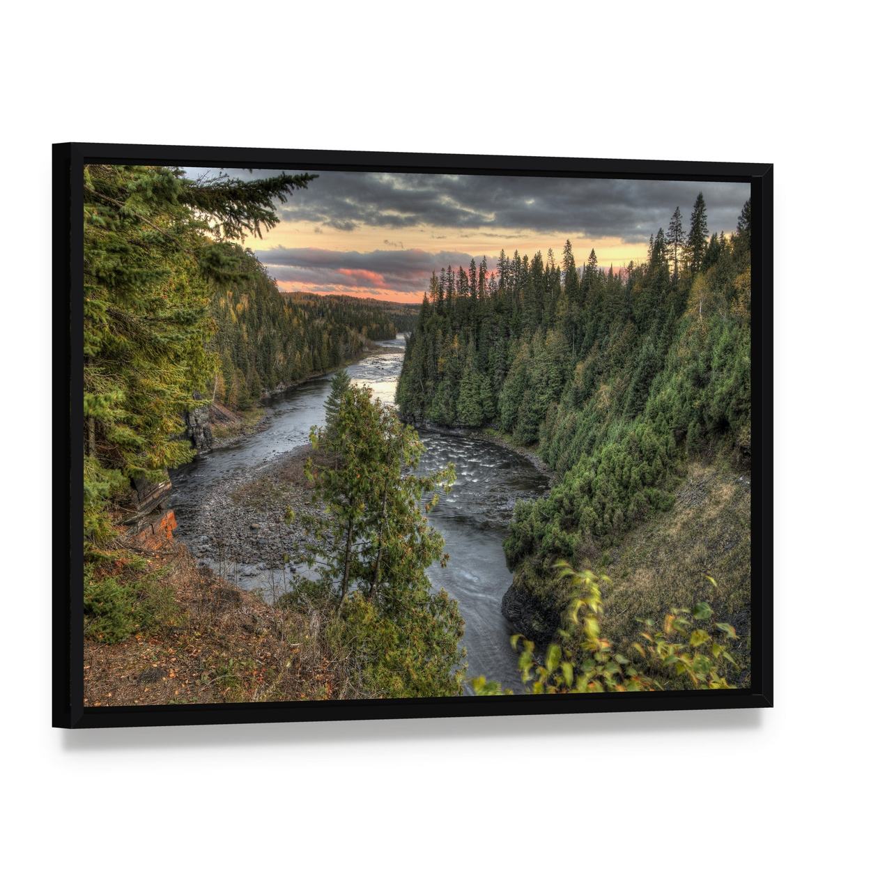 Kakabeka Falls Canvas Wall Art, framed canvas in a black floater frame, angled product view