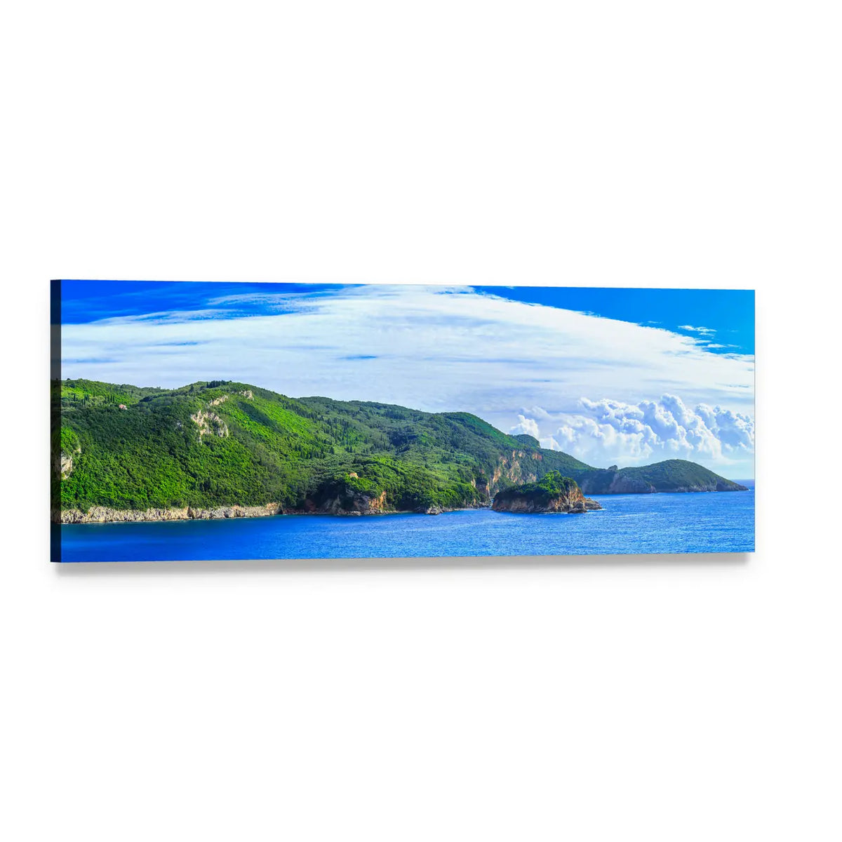 Greek Coastal Cliffs with Blue Ocean Panoramic Canvas Wall Art, single panel gallery wrapped canvas, angled product view