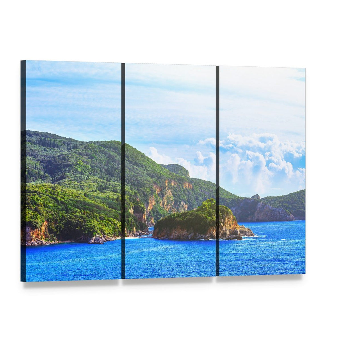 Coastline Seascape with House and Boat Canvas Wall Art, 3 panel 3 Horizontal layout gallery wrapped canvas set, angled product view