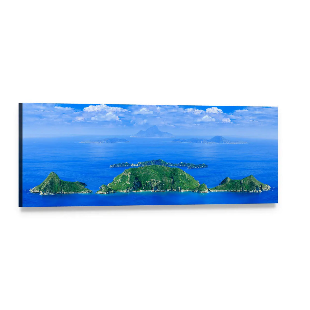 Azure Sea Cliff and Island Archipelago Panoramic Canvas Wall Art, single panel gallery wrapped canvas, angled product view