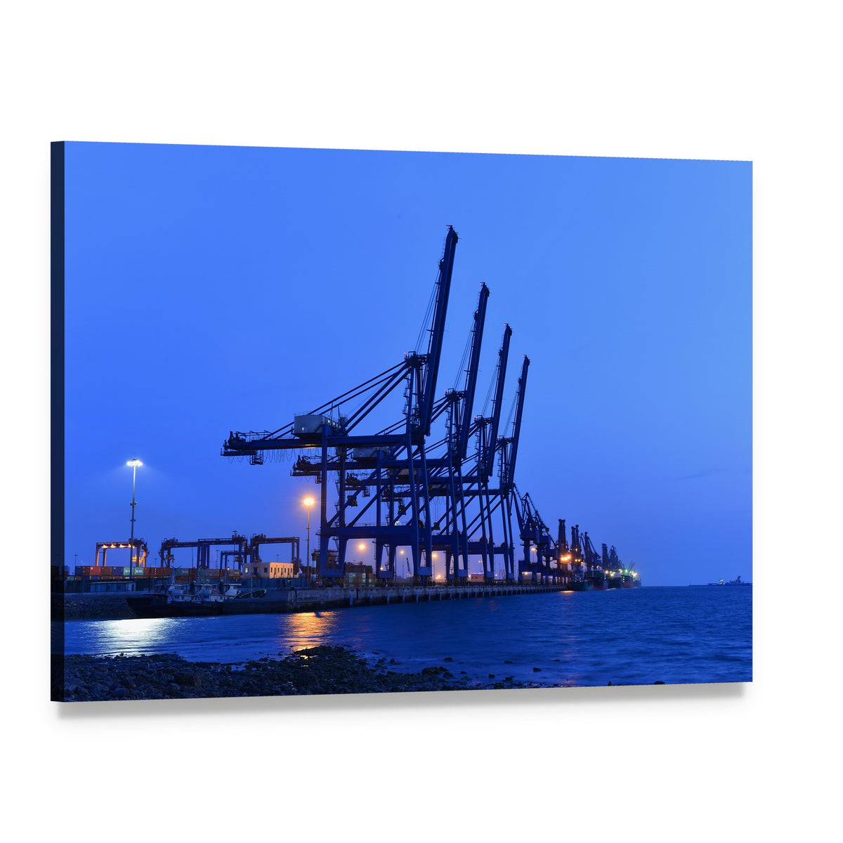 Silhouetted Gantry Cranes and Bulk Carrier Canvas Wall Art, single panel gallery wrapped canvas, angled product view