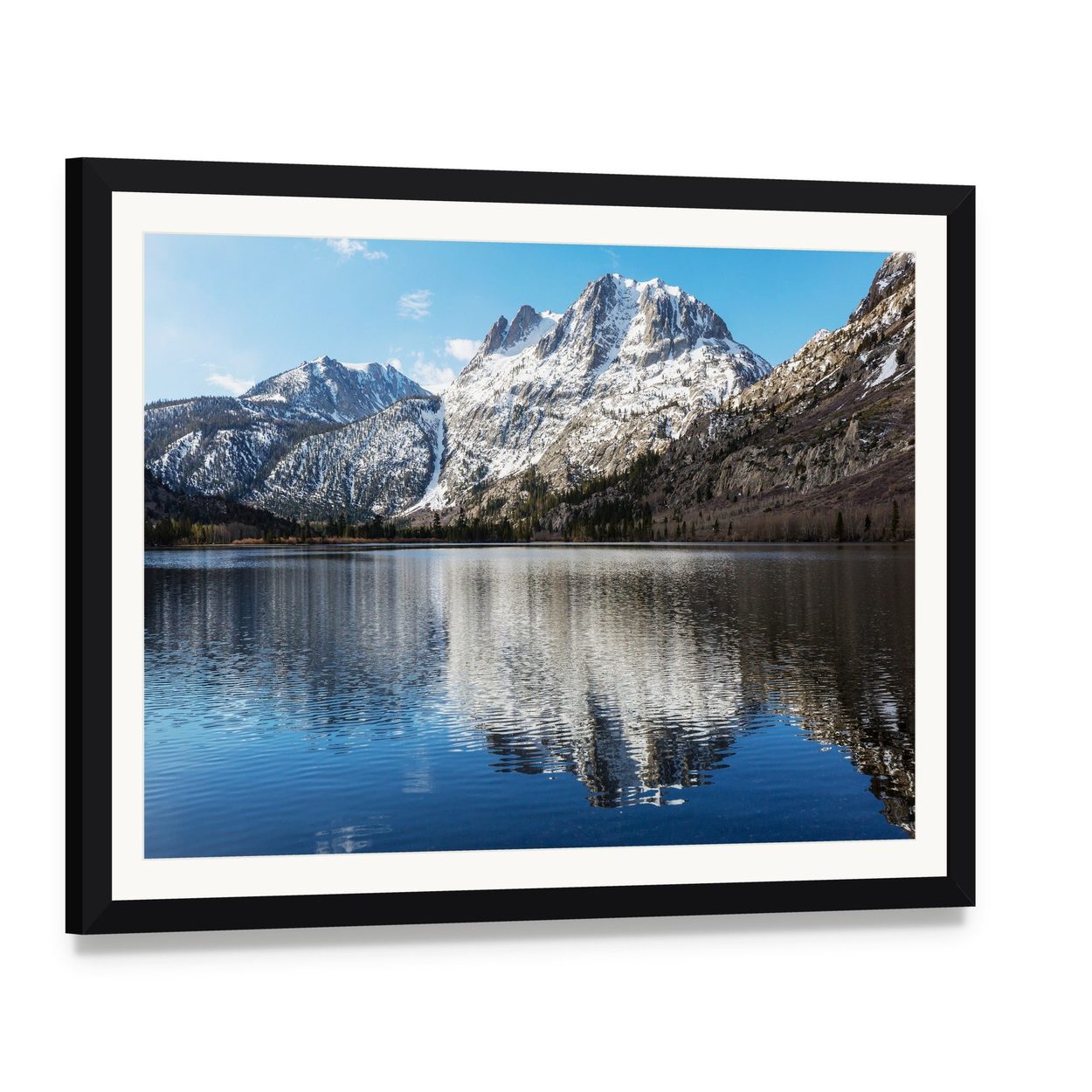 Snow-capped Mountain Reflection with Blue Sky Canvas Wall Art, framed print with white mat and black frame, angled product view