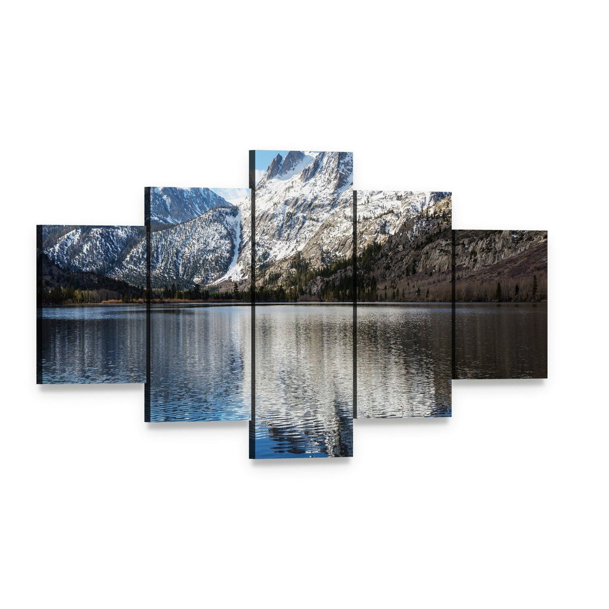 Snow-capped Mountain Reflection with Blue Sky Canvas Wall Art, 5 panel 5 Star layout gallery wrapped canvas set, angled product view