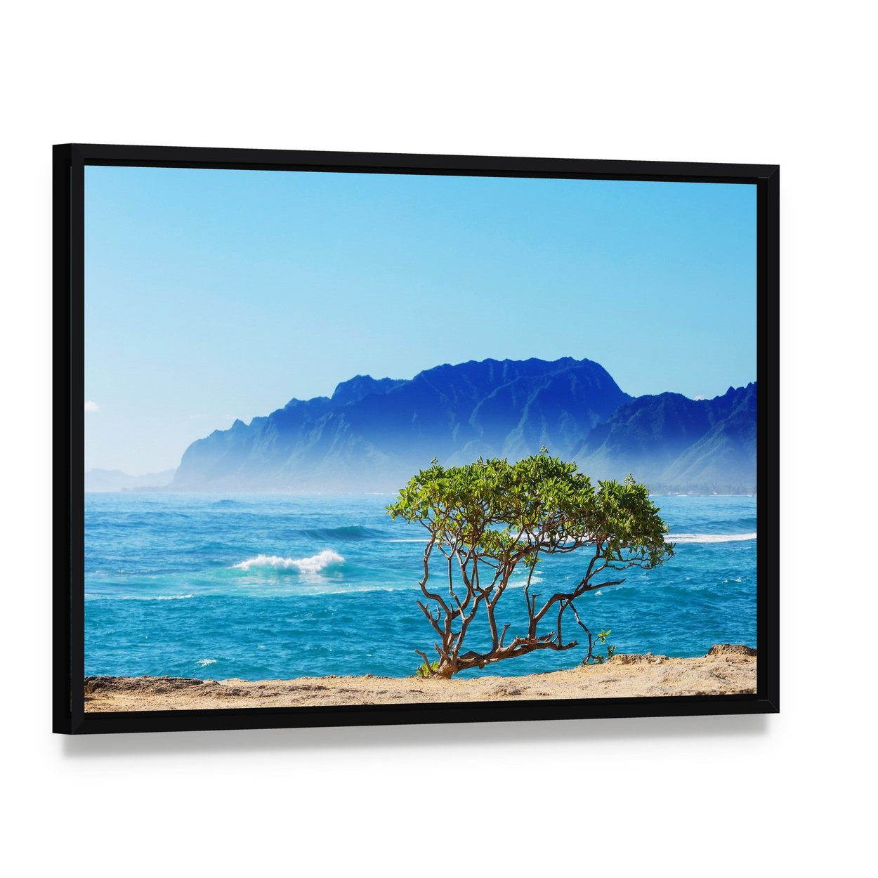 Hawaii Beach Scene Canvas Wall Art, framed canvas in a black floater frame, angled product view