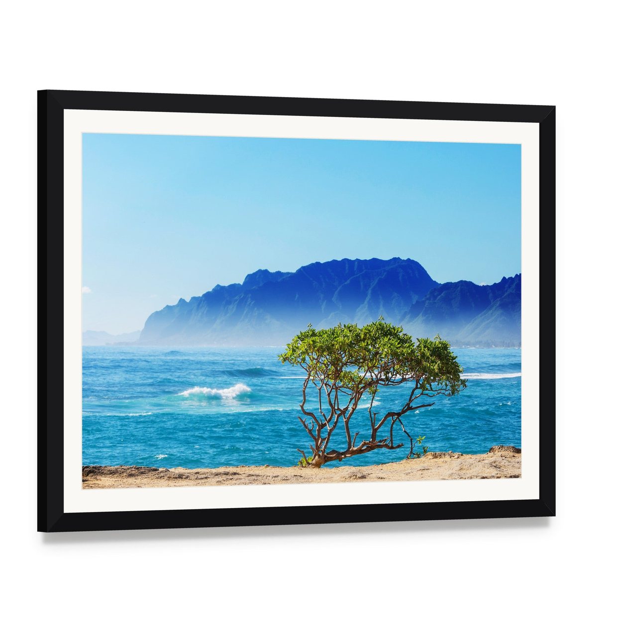 Hawaii Beach Scene Canvas Wall Art, framed print with white mat and black frame, angled product view