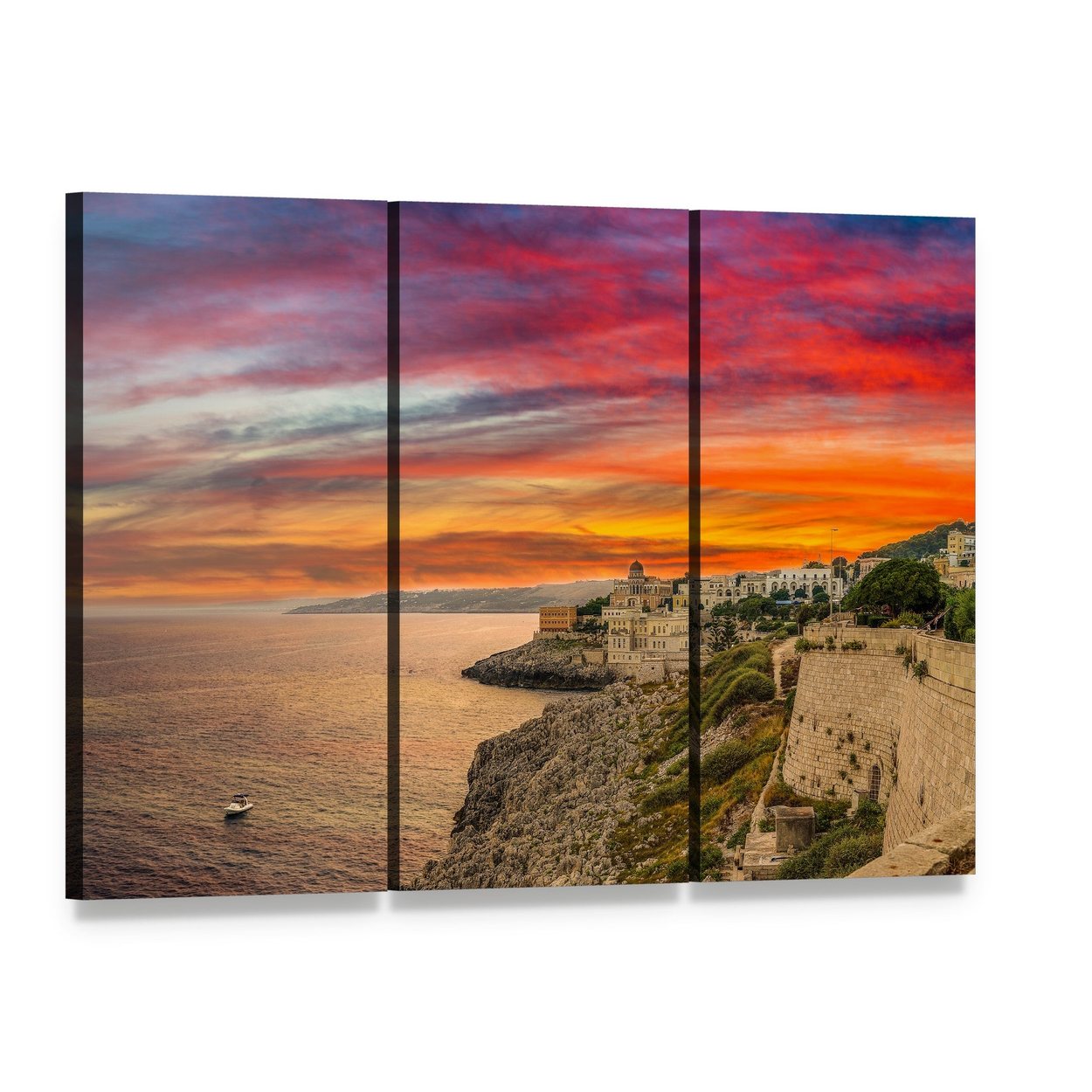 Salento Coast at Sunset Canvas Wall Art, 3 panel 3 Horizontal layout gallery wrapped canvas set, angled product view