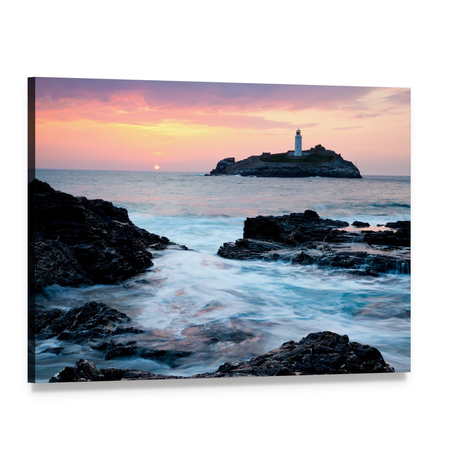 Sunset Lighthouse on Rocky Cliffs Canvas Wall Art, single panel gallery wrapped canvas, angled product view