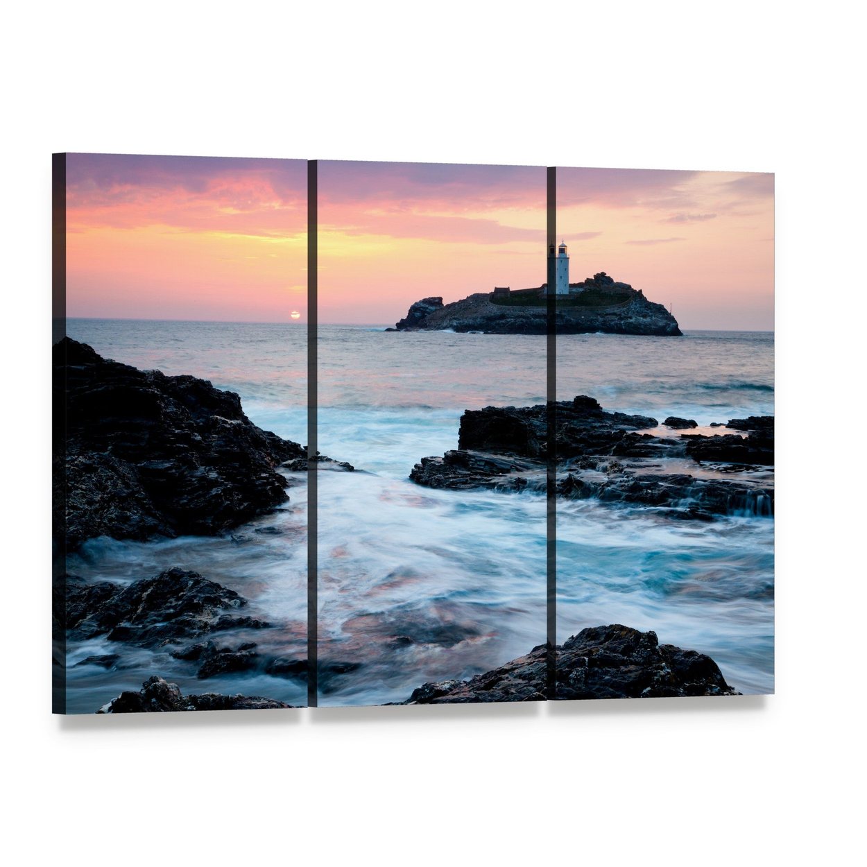 Sunset Lighthouse on Rocky Cliffs Canvas Wall Art, 3 panel 3 Horizontal layout gallery wrapped canvas set, angled product view