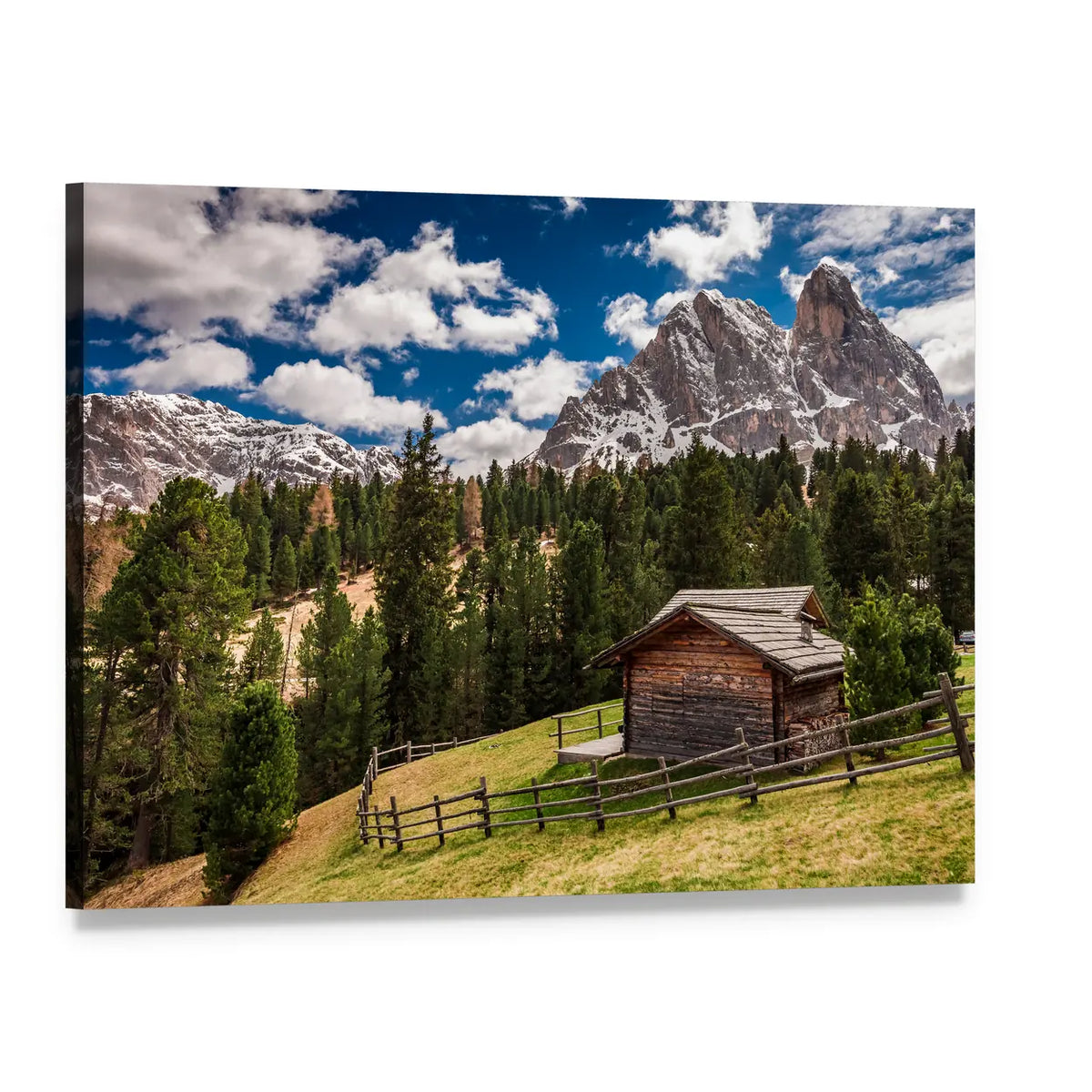 Wooden Cottage in the Dolomites Canvas Wall Art, single panel gallery wrapped canvas, angled product view