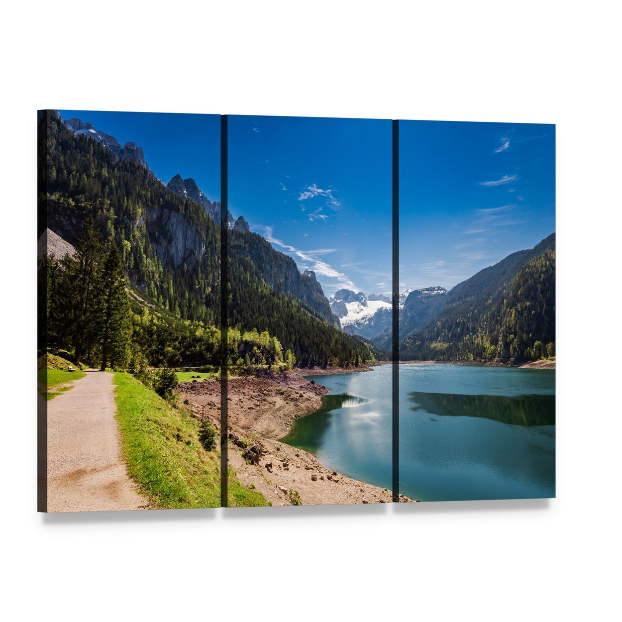 Sunny Sunrise at Gosausee Lake Canvas Wall Art, 3 panel 3 Horizontal layout gallery wrapped canvas set, angled product view